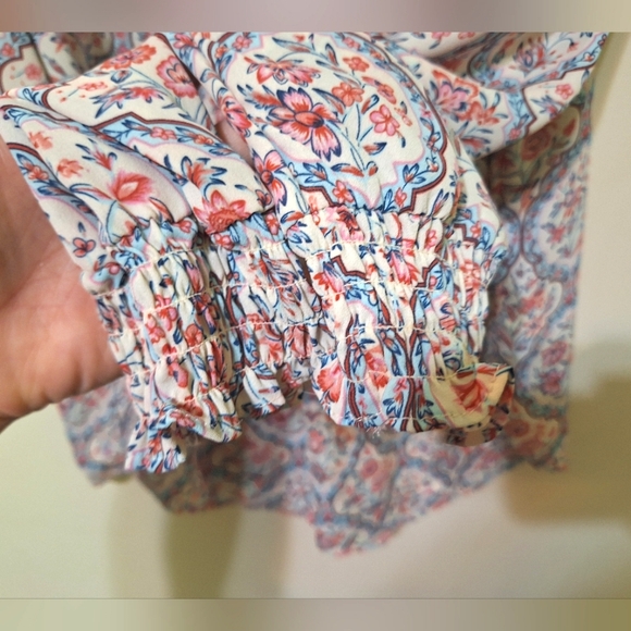 Joie Medium baroque boho floral cream pink blue balloon sleeve smocked blouse - Picture 4 of 9